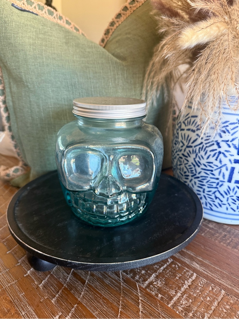 Vidrios San Miguel Recycled Glass Skull Jar w/Lid Handmade in Spain 1990’s-2000